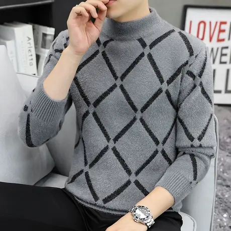 秋冬季新款格子半高领水貂绒毛衣男韩版潮流长袖打底针织衫毛线衣商品大图