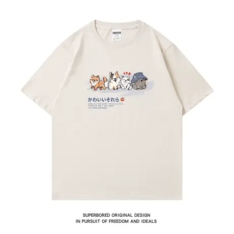 日系复古卡通简约小狗印花短袖t恤男纯棉宽松休闲半袖体恤上衣商品大图