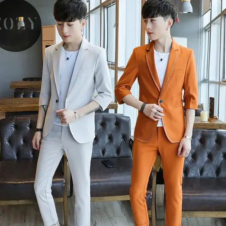 潮流中袖西服套装男士夏季韩版薄款潮流秋装发型师帅气休闲小西装商品大图