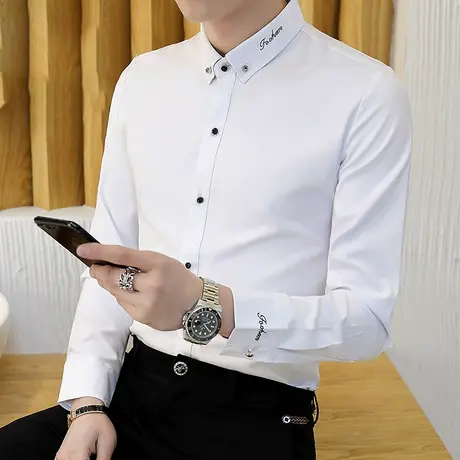 白衬衫男长袖修身加绒加厚黑色衬衣韩版潮流休闲帅气保暖男士寸衫商品大图