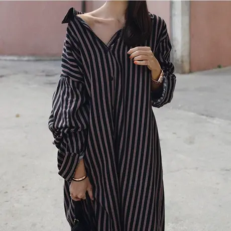 纯诗曼过膝长款条纹衬衫连衣裙新款韩版宽松大码休闲时尚衬衣女潮图片
