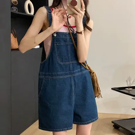 尔给直筒牛仔五分短裤高腰小个子设计感背带裤2022新款女夏季薄款图片