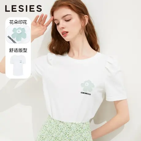 蓝色倾情春夏装新款女装 白色圆领印花泡泡袖短袖针织T恤商品大图