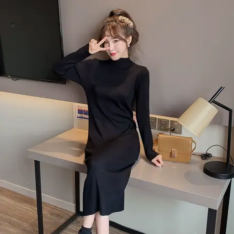 2022秋冬新款半高领针织衫中长款打底衫女百搭内搭毛衣裙黑色修身图片