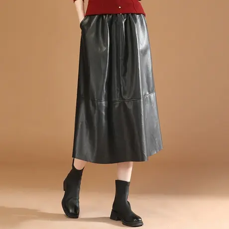 韩潮袭人气质黑色皮裙中长款半身裙女2023冬季新款休闲百搭A字裙图片
