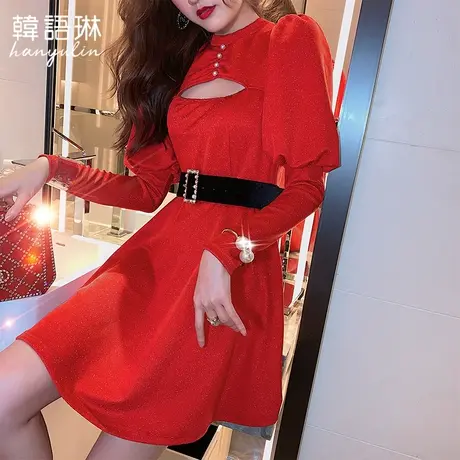 韩语琳高腰显瘦裙子新款女装春秋短裙大红色长袖镂空连衣裙图片