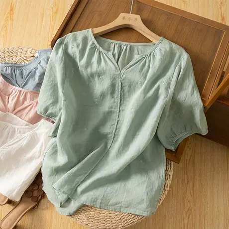 享永子短袖苎麻上衣女文艺复古宽松显瘦棉麻T恤百搭2023夏季新款图片