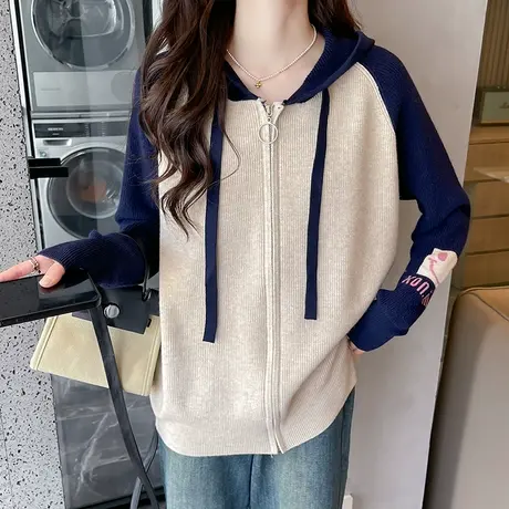 春秋装新款连帽针织衫毛衣女拉链开衫外套卫衣帽衫洋气宽松拼色商品大图