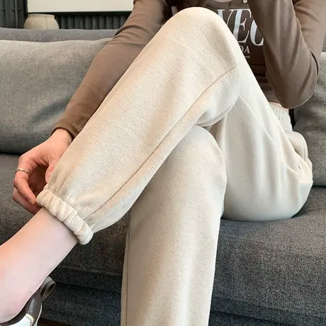 运动裤女宽松束脚2023年新款春秋冬加绒加厚米白色直筒小个子卫裤商品大图