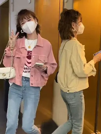 小个子短款粉色牛仔外套女春季新款设计感小众宽松百搭夹克衬衫潮商品大图