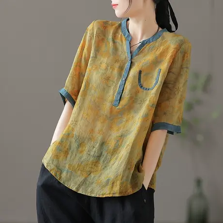 dza 复古宽松苎麻上衣女士短袖衬衣夏季薄款V领麻料外穿棉麻女装图片
