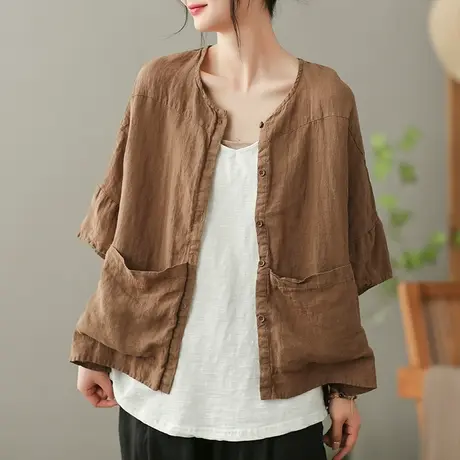 dza 复古亚麻短外套女2023夏季薄款纯色外搭开衫宽松显瘦棉麻上衣图片