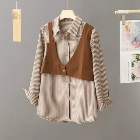 韩版条纹衬衫坎肩女假两件马甲中长款2024新款设计感小众衬衣上衣商品大图