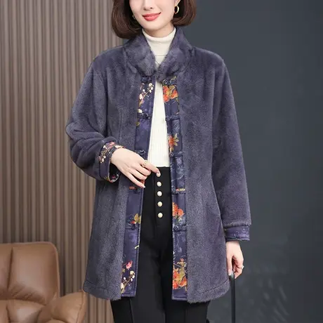 中年妈妈冬装棉衣外套女宽松加大码女装休闲中长款水貂绒皮毛大衣商品大图