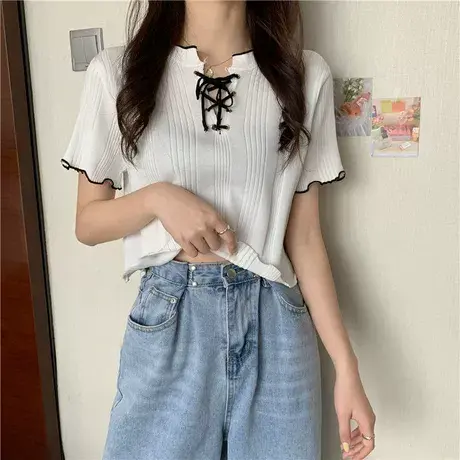 短袖T恤女装夏季2024新款chic港味设计感小众高腰短款上衣服ins潮图片