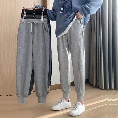 加绒运动裤子女秋冬季宽松卫裤高腰显瘦外穿直筒哈伦休闲束脚长裤商品大图