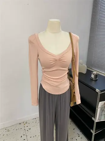 纯欲甜美奶服服的粉色大领口褶皱拼接紧身长袖T恤女秋冬新打底衫商品大图