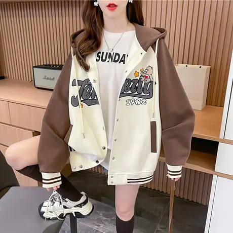 早秋设计感小众外套女春秋季韩版宽松大码初秋薄款撞色棒球服开衫商品大图