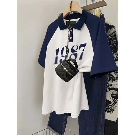 美式翻领polo衫T恤女夏情侣短袖2023新款ins大码插肩袖hiphop上衣商品大图