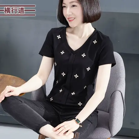 V领绣花修身短袖T恤2024新款夏装纯色简约半袖刺绣黑色外穿简约女商品大图