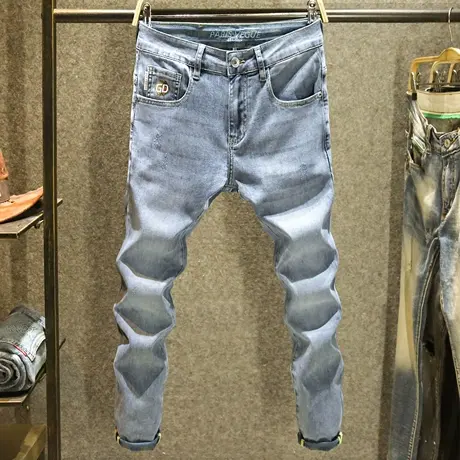 夏季薄款休闲牛仔长裤男时尚潮流小脚裤修身显瘦潮牌印花裤子男潮商品大图