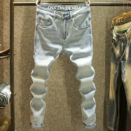 秋季高端印花牛仔裤男修身小直筒弹力长裤浅蓝色青年百搭休闲裤子图片