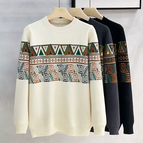 男装2023秋冬季新款几何复古提花圆领毛衣男士打底衫男休闲针织衫商品大图