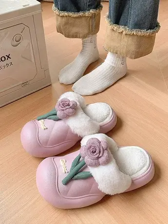 秋冬毛毛拖鞋女外穿2023新款可爱花花防水防滑厚底保暖包头棉拖鞋商品大图