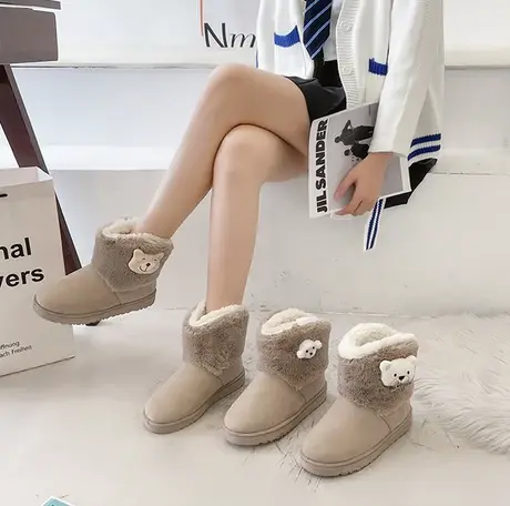 领结熊雪地靴女短筒皮毛一体2023冬季新款短靴低帮保暖加绒棉鞋图片