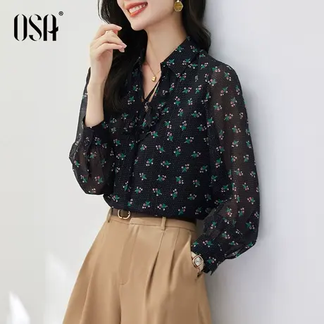 OSA欧莎黑色长袖雪纺衫女秋装2022年新款荷叶边上衣宽松洋气小衫商品大图