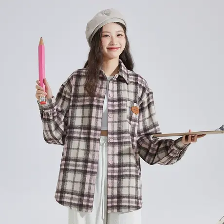 唐狮格子衬衫女长袖冬季新设计感毛呢外套百搭通勤气质上衣图片
