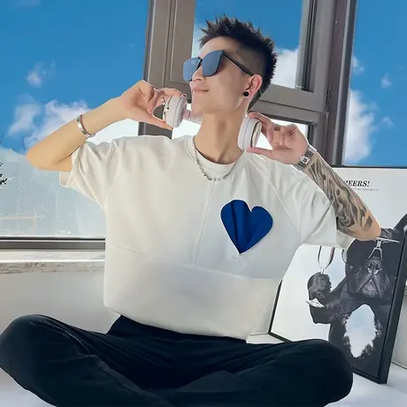 夏季拼接T恤男重磅短袖ins潮牌半截袖2023新款男装上衣潮牌帅半袖图片