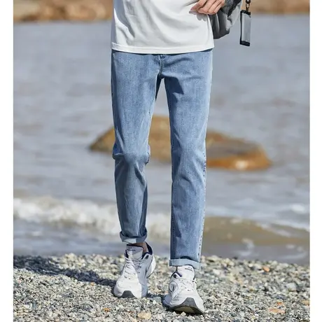 唐狮24春夏季新款牛仔裤男修身弹力小脚裤浅色直筒潮流经典裤子男图片
