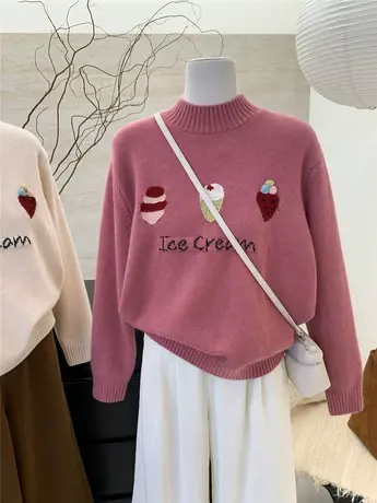 2024新品韩系减龄休闲圆领宽松卡通图案加厚保暖百搭毛衣女秋冬款商品大图