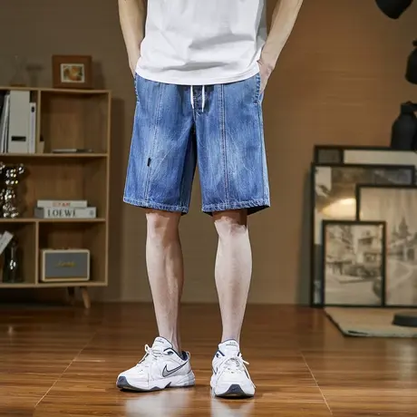 唐狮23春夏季新款男牛仔短裤宽松水洗抽绳磨白潮流时尚五分裤男DK商品大图