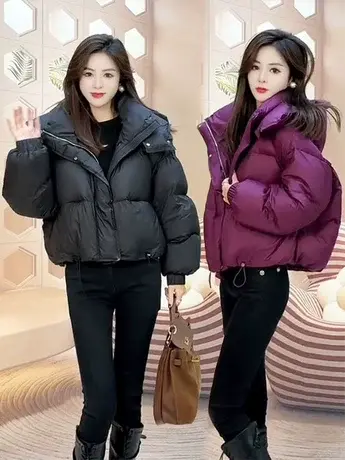 白鸭绒羽绒服短款女2023冬季新款时尚宽松纯色面包服保暖连帽外套图片