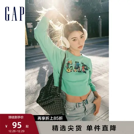 【明星同款】Gap女装秋季花卉LOGO短款辣妹法式圈织卫衣591048图片