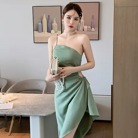 不规则镂空聚会小礼服平时可穿性感抹胸小个子单肩吊带连衣裙夏季商品大图