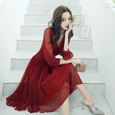 敬酒服新娘红色显瘦晚礼服女高贵气质订婚裙日常可穿结婚回门便装图片