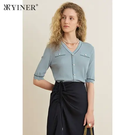 YINER音儿女装夏季V领五分袖毛针织衫图片