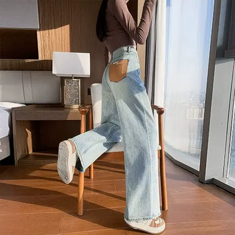美式拼色口袋牛仔裤女2024春秋新款高腰宽松显瘦直筒阔腿拖地裤子商品大图