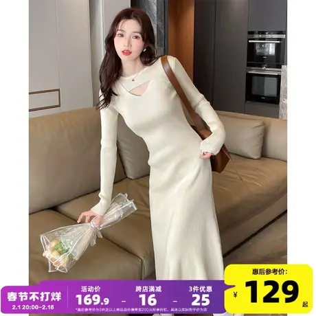 唐狮新款白色约会穿搭超好看连衣裙女秋冬前胸镂空小设计包臀裙yd商品大图