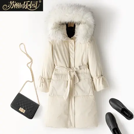 羽绒服女装冬2021新款韩版气质休闲简约连帽白鸭绒蓝色复古中长款图片