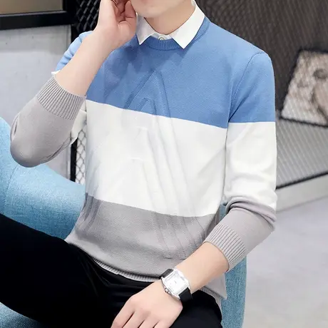 秋冬季假两件毛衣男韩版打底衫学生拼色针织衫冬装帅气潮流衬衫领商品大图