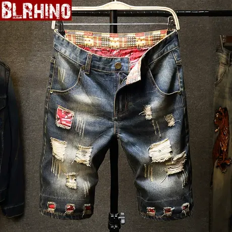 男士韩版破洞补丁牛仔裤中裤男夏季薄款修身直筒五分牛仔短裤男潮商品大图
