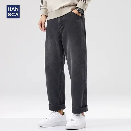 hansca复古牛仔裤男宽松直筒2022年秋季款潮牌大码黑色阔腿长裤男商品大图
