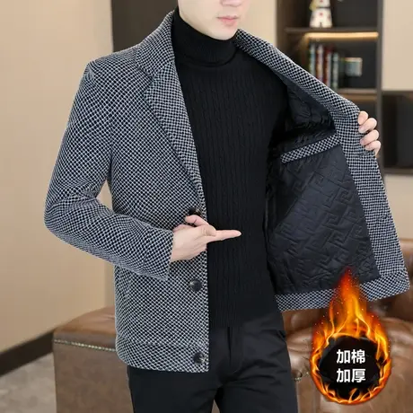 2023冬季新款男士加棉加厚毛呢大衣加绒冬装保暖小西装外套上衣服商品大图