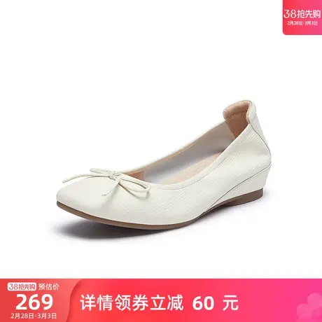骆驼女鞋2024春季新款真皮浅口蝴蝶结蛋卷鞋平底小皮鞋女芭蕾单鞋图片