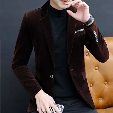 西装男休闲帅气韩版男士金丝绒复古西服修身外套高级感主持人上衣商品大图
