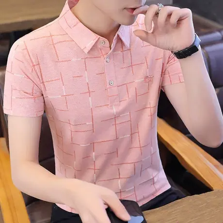 2023年夏季新款男士短袖t恤潮流翻领格子体桖POLO衫时尚修身衣服商品大图